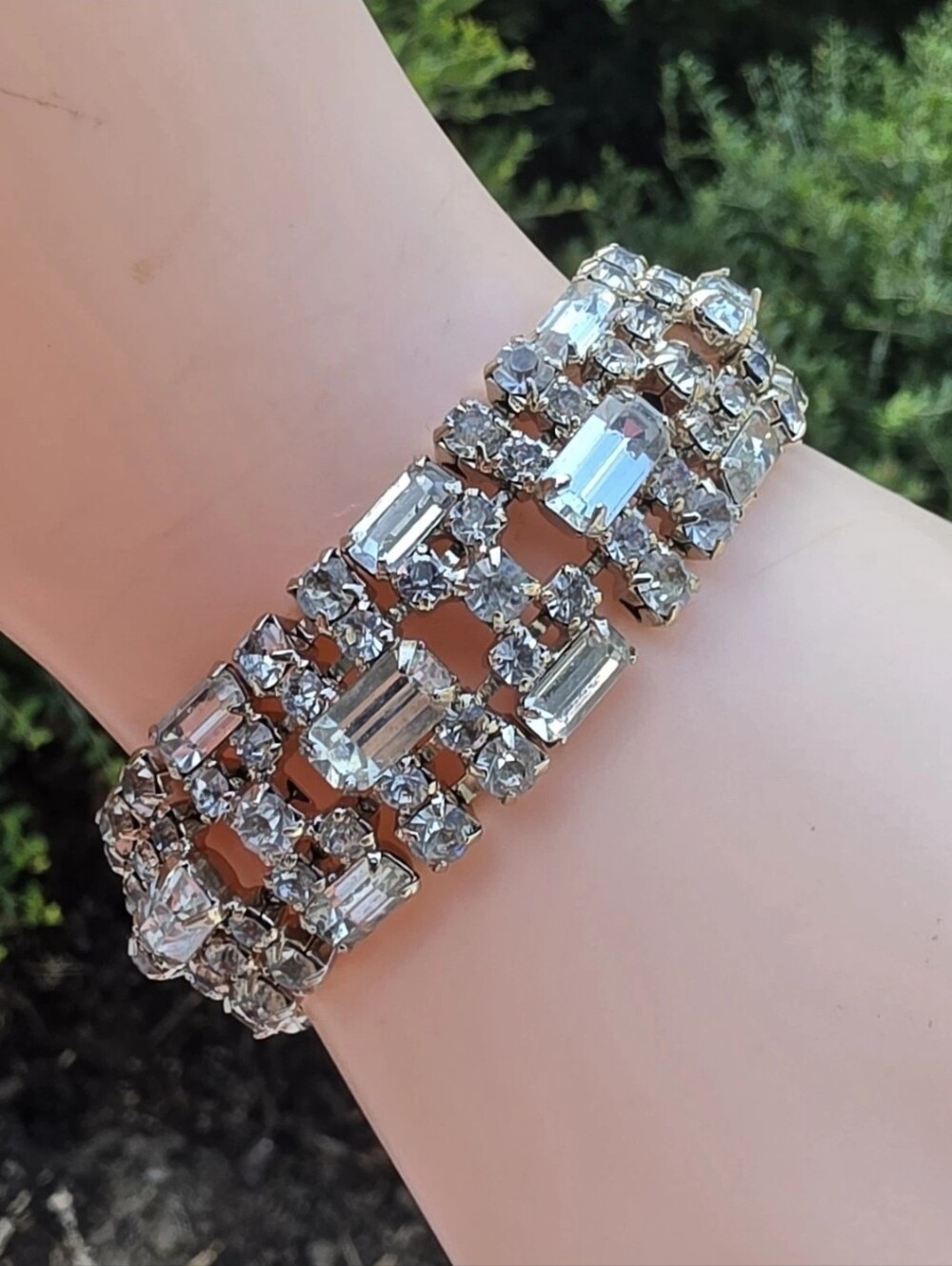 Vintage Clear Baguette Rhinestone Bracelet Silver Tone Wide Statement 7.5"